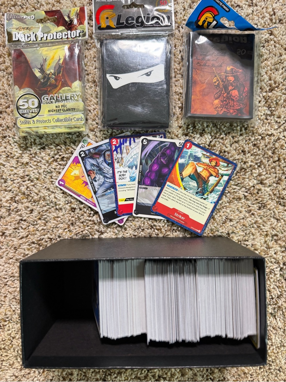 Lot Bundle of 300 One Piece Trading Cards & 3 Packs of Card Sleeves Sealed